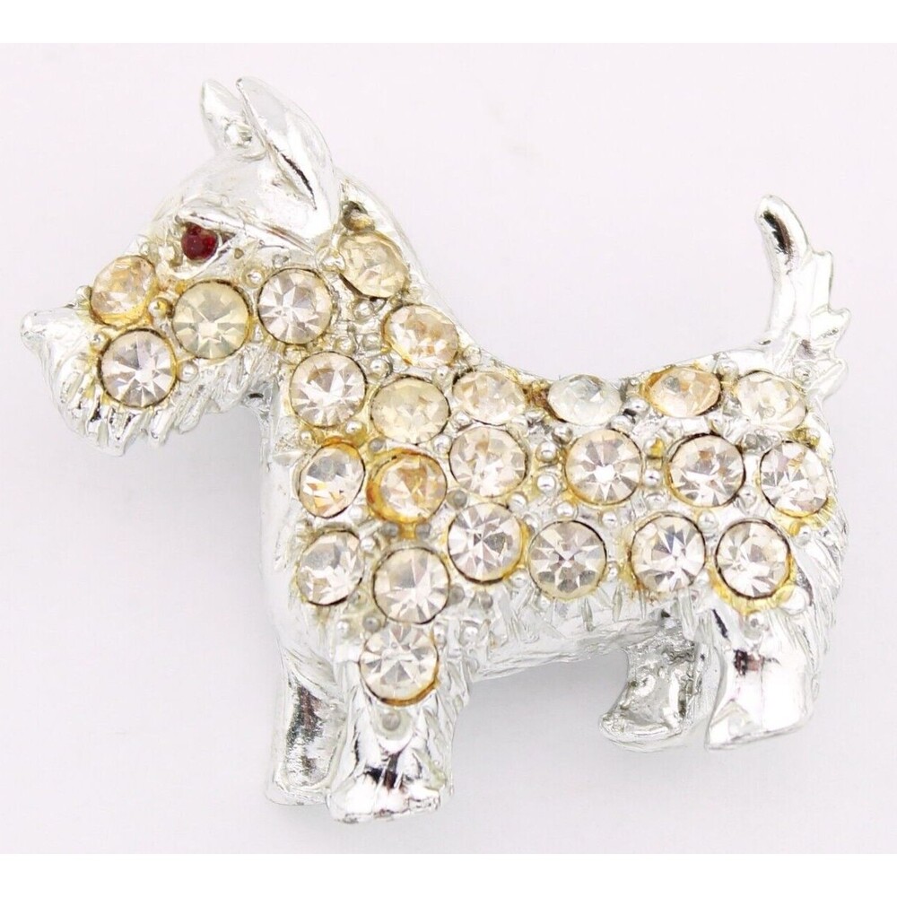 Vintage White Paste Rhinestone Scottish Terrier Scotty Dog Brooch Rhodium Finish